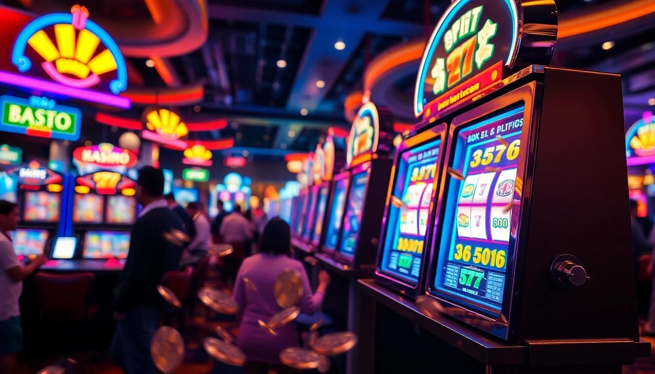 Permainan situs slot gacor yang menarik dengan lampu cerah dan suara gemerincing koin.
