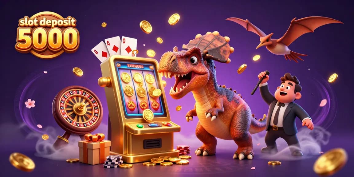 Experience slot deposit 5000 excitement with a dinosaur-themed slot machine scene.
