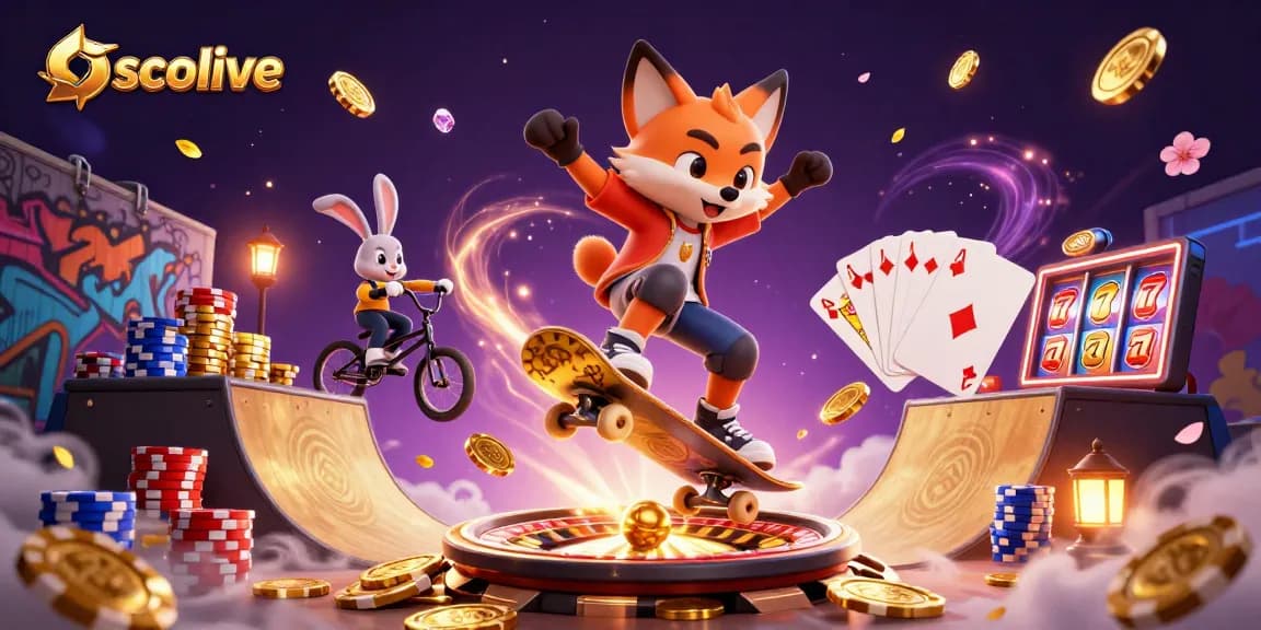 Socolive showcases a vibrant 3D scene with skateboard and BMX characters linked to online gambling excitement.