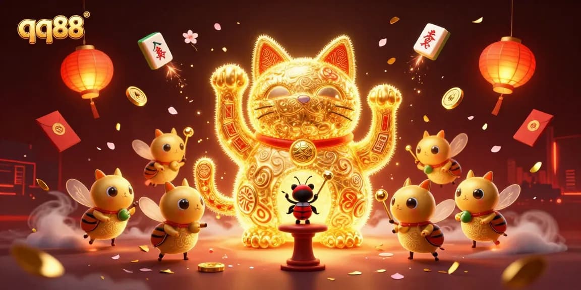 Experience the excitement of qq88 with a waving lucky cat surrounded by vibrant casino symbols and festive elements.