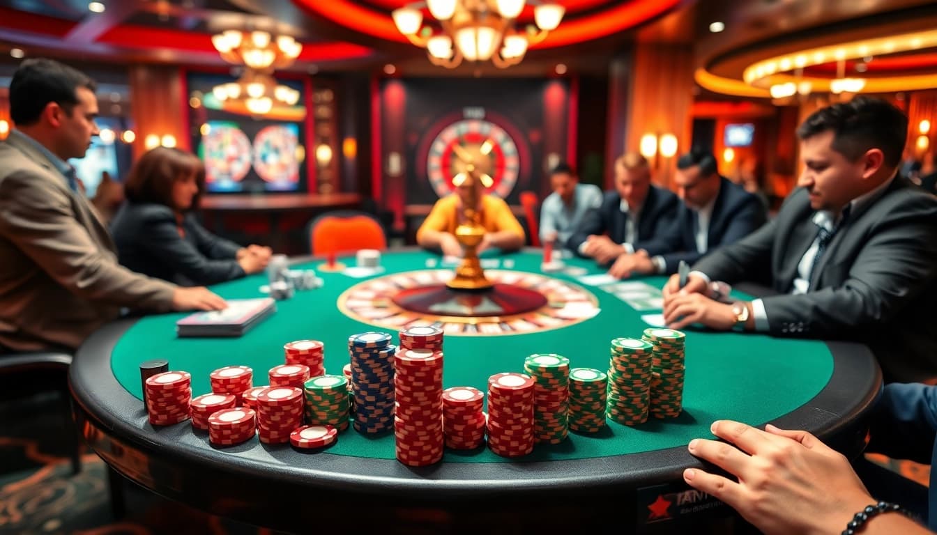 Engaging players in a poker game at a vibrant casino, showcasing poker idn play excitement and strategy.