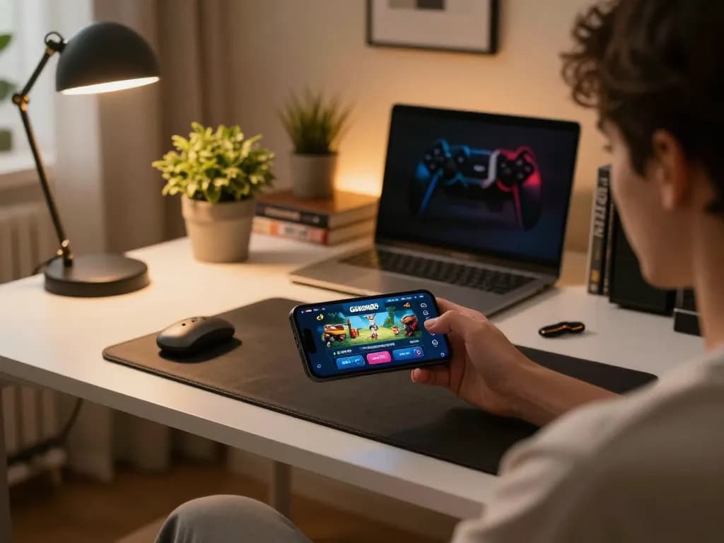 Playing Gawang69 on a smartphone in a stylish home office, capturing an exciting gaming moment.