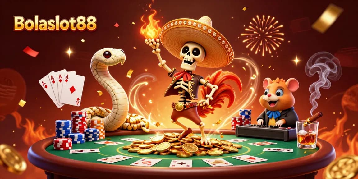 Bolaslot88 showcases vibrant 3D animated characters celebrating on a poker table, highlighting thrilling gameplay.