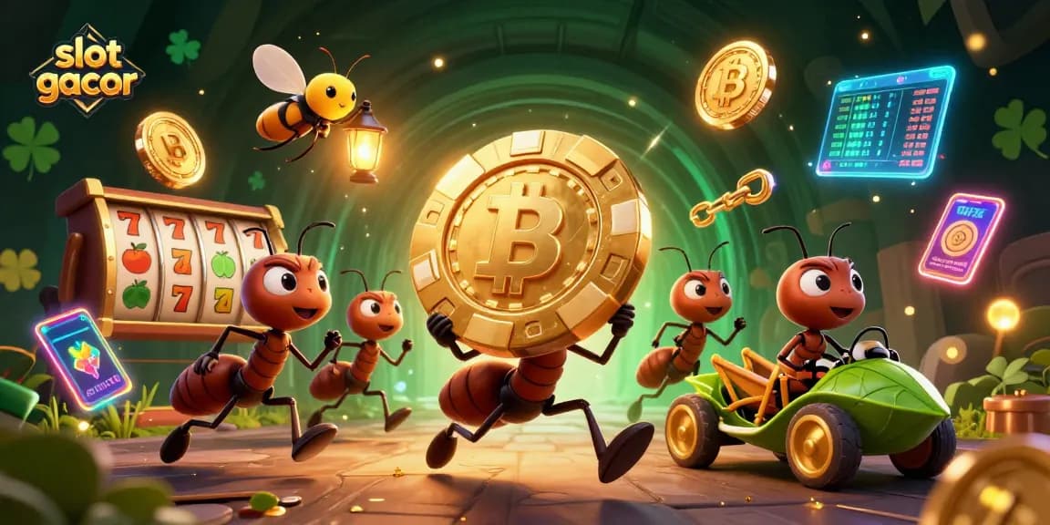 Slot gacor menunjukkan semut kartun mencuri chip poker emas besar dalam suasana kasino yang cerah dan berwarna-warni.