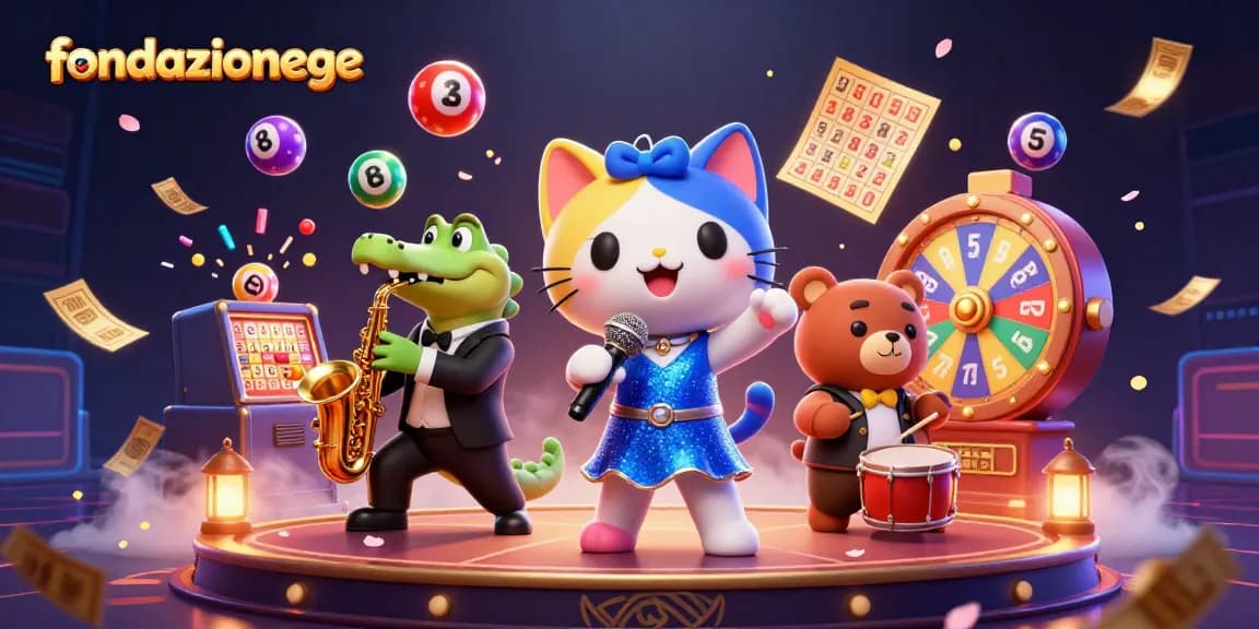 Experience engaging lottery excitement with fondazionege in a vibrant casino scene featuring lively characters and dynamic game elements.