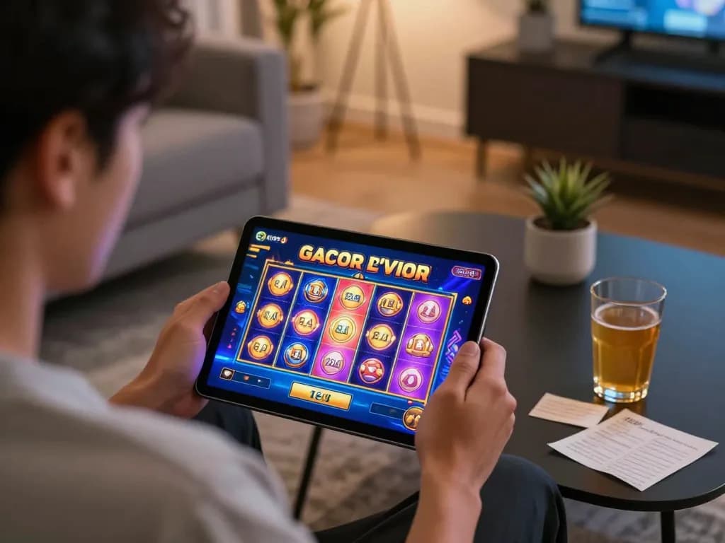 Engaging with slot gacor gameplay on a tablet in a cozy home environment, emphasizing responsible gaming