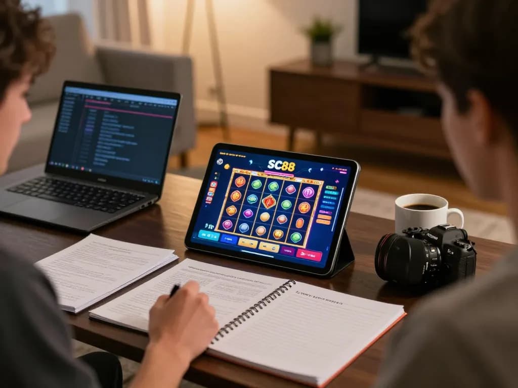 Player engaging with SC88 casino app on tablet, surrounded by strategic notes and coffee in cozy home setting