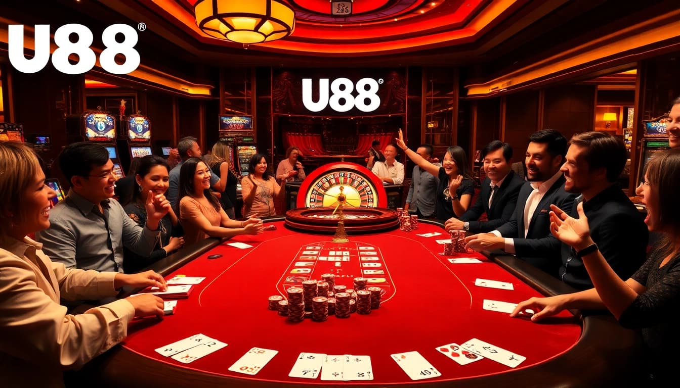 Excited players try their luck at the U88 poker table amidst a lively casino atmosphere.