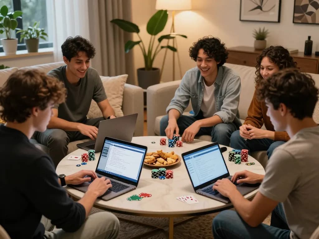 Friends enjoying a lively poker game while using the Hitclub app, showcasing vibrant home atmosphere
