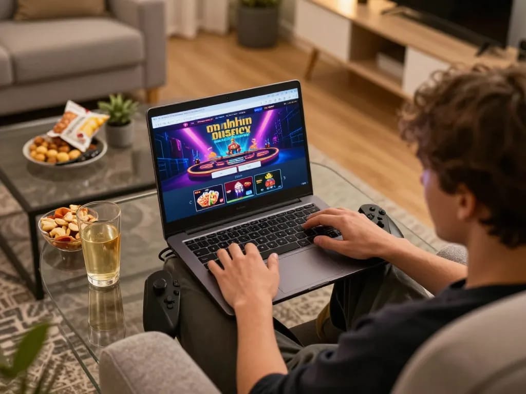 Kết nối với 12bet trong không gian gia đình, thể hiện sự phấn khích của cá cược trực tuyến trên máy tính xách tay.