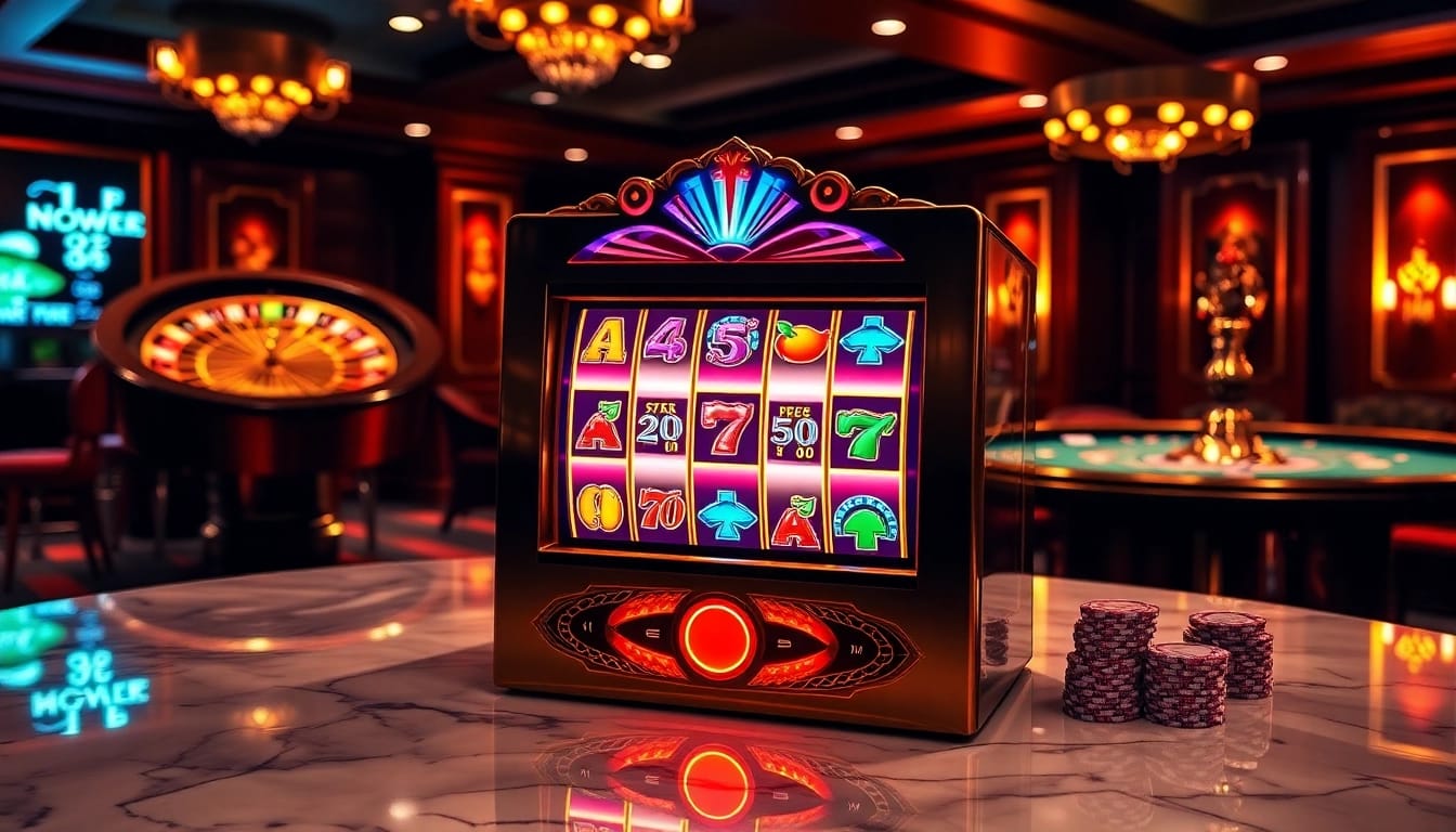 Experience the excitement of a vibrant slot demo set in a luxurious casino environment.