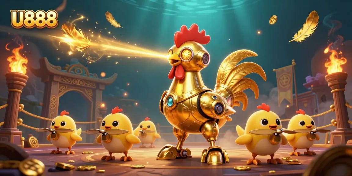 Engage in U888 casino adventures with a golden rooster robot and drones in a vibrant 3D scene.