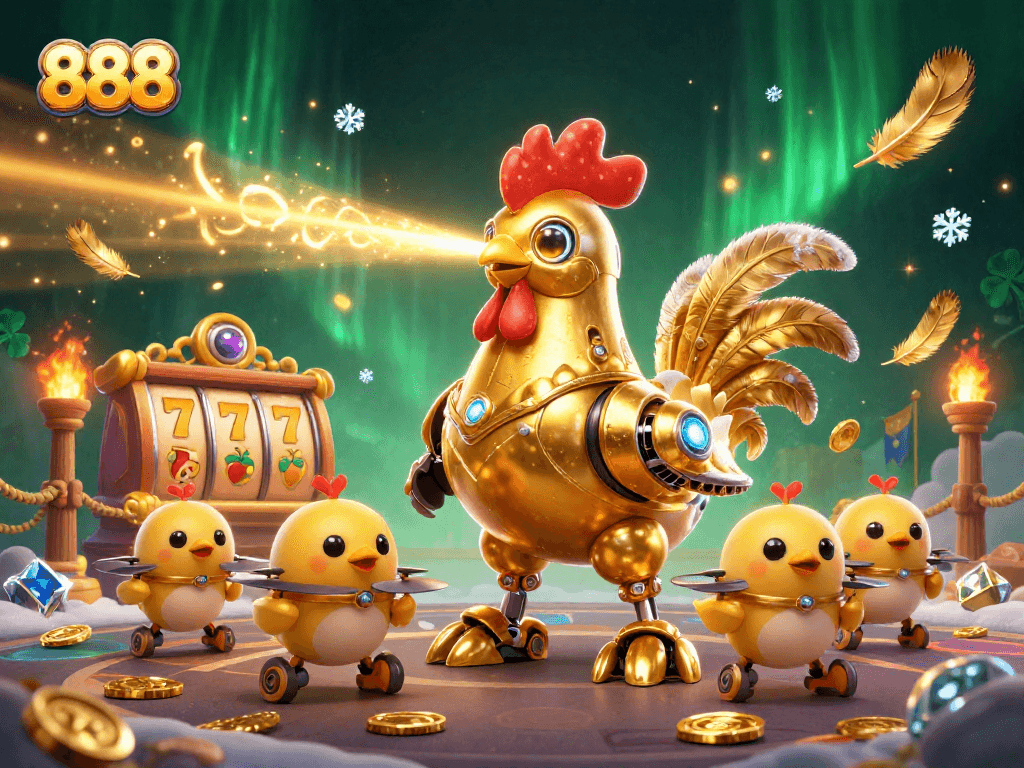 Experience 888 slot action with a golden rooster robot and dynamic baby chick drones.