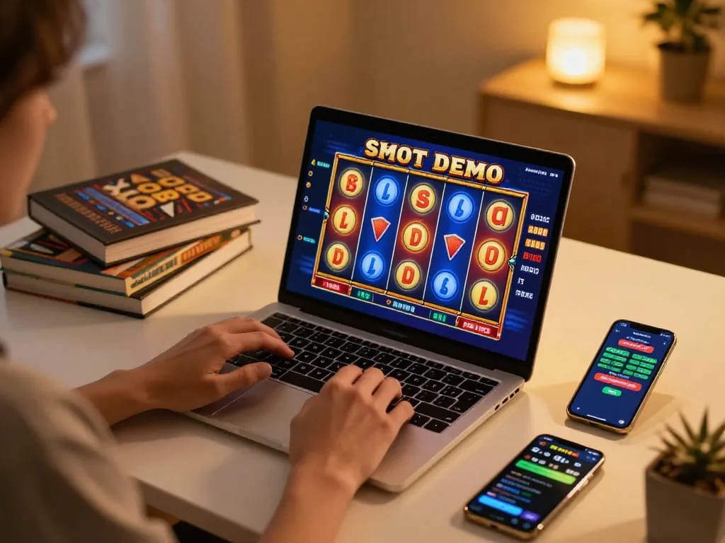 Engaging with a Slot Demo on a laptop, showcasing colorful reels and a cozy gaming environment.