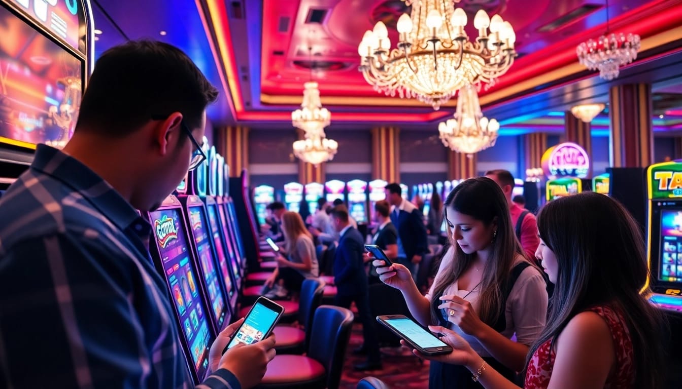 Bermain gta togel di kasino dengan mesin slot berwarna-warni dan suasana yang meriah.