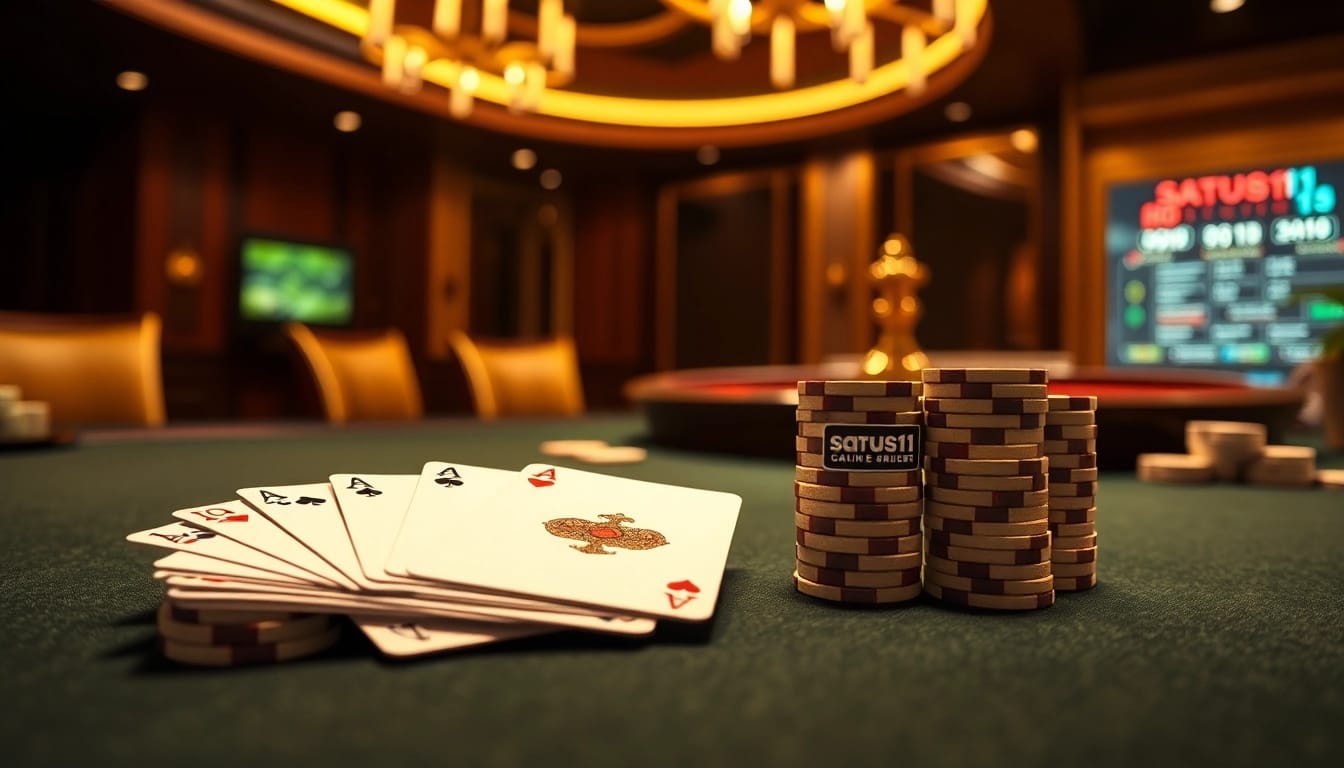 Engaging scene depicting situs11 login with luxurious casino elements like poker chips and cards.
