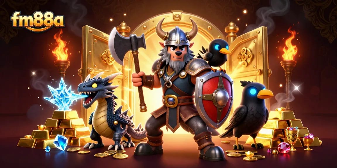 Win big at fm88a with 3D Viking warrior, fierce dragon, and jewels galore!