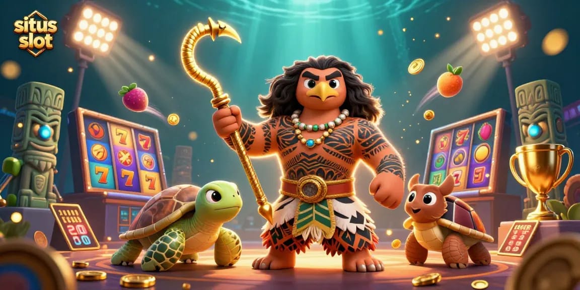 Experience thrilling moments with situs slot, featuring colorful slot reels and a demigod character.