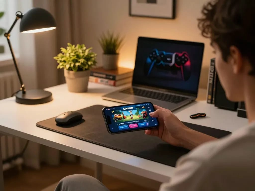 Playing Gawang69 on a smartphone in a stylish home office, capturing an exciting gaming moment.
