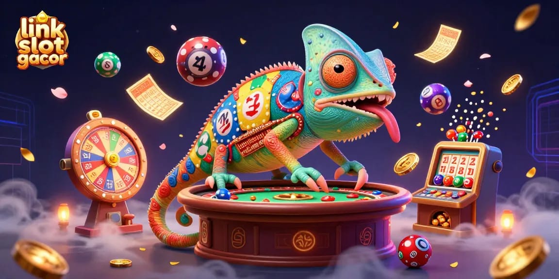 Melihat link slot gacor kepada pemilik kasino chameleon yang mengambil koin emas dari tanah, dengan elemen lotere dinamis.
