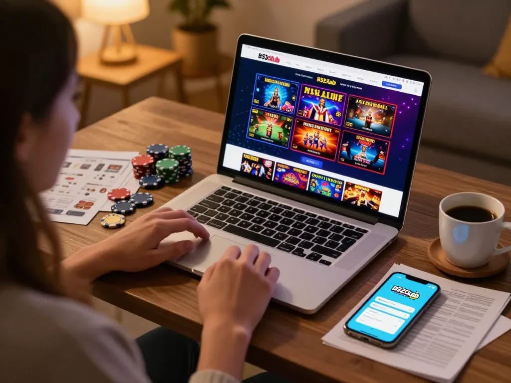 B52club user enjoying online casino games on a laptop in a cozy home setting.