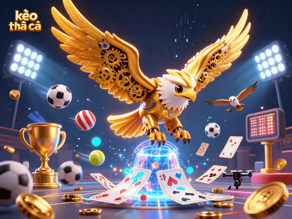 Kèo nhà cái elevates your betting game with an illustration of a cybernetic eagle amidst dynamic sports elements.
