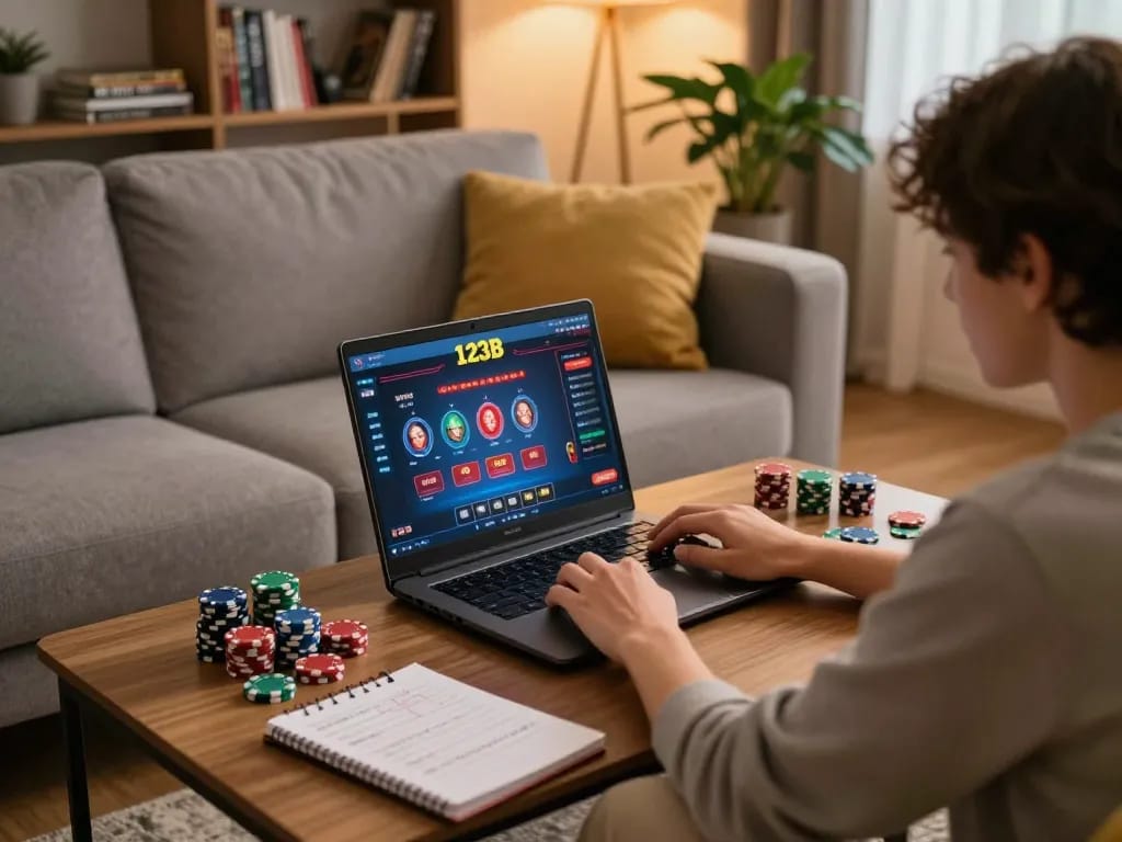 Player enjoying an online gaming session on 123B casino platform with focused strategy notes.