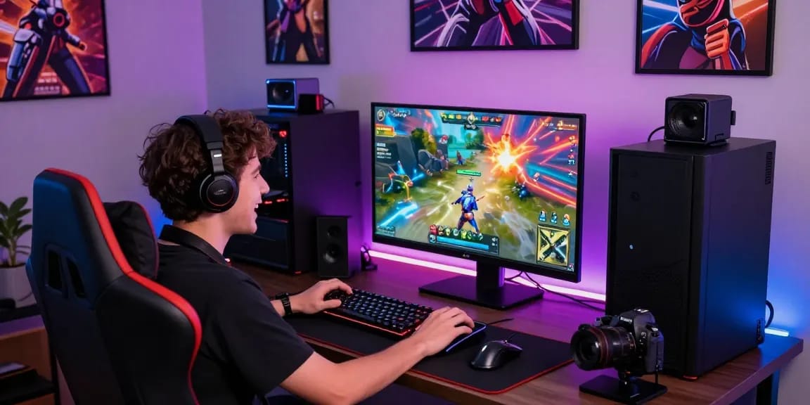 Gamer memainkan permainan SULAP 338 dengan antusias, dikelilingi aksesori gaming modern.