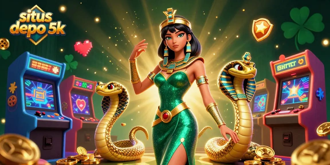 Situs depo 5k: Immerse in an electric casino scene with dynamic 3D characters and vibrant gaming elements.