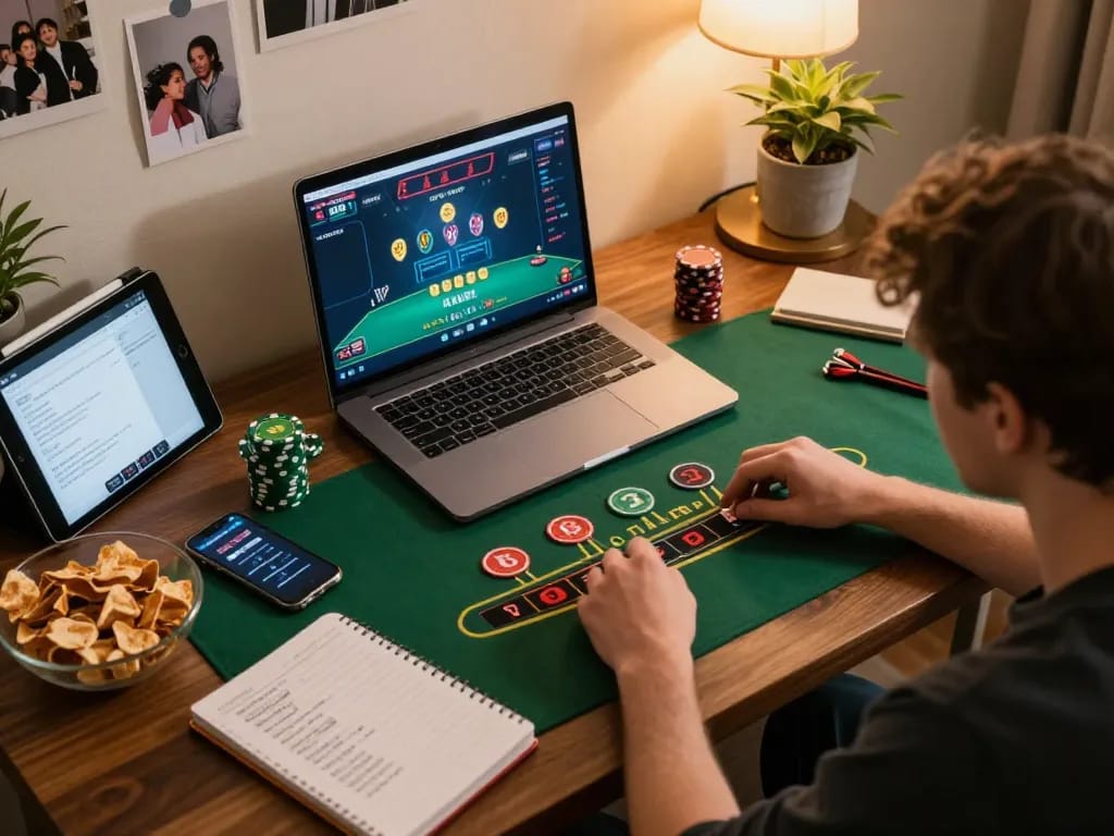 Player using fly88 app for live dealer blackjack at cozy home setup with snacks and strategy notes