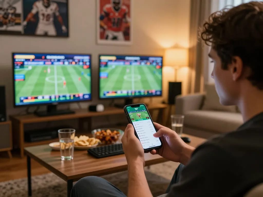 Person using the 90P betting app while watching sports, immersed in a lively home betting atmosphere.