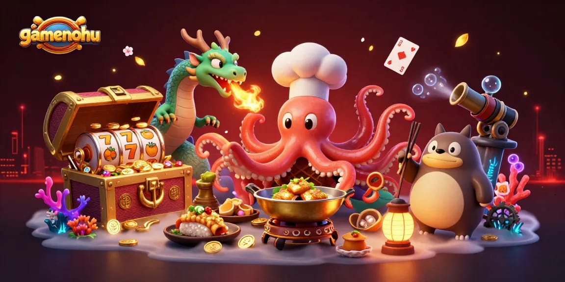 Experience the excitement of gamenohu with a colorful 3D illustration showcasing a vibrant gaming scene.