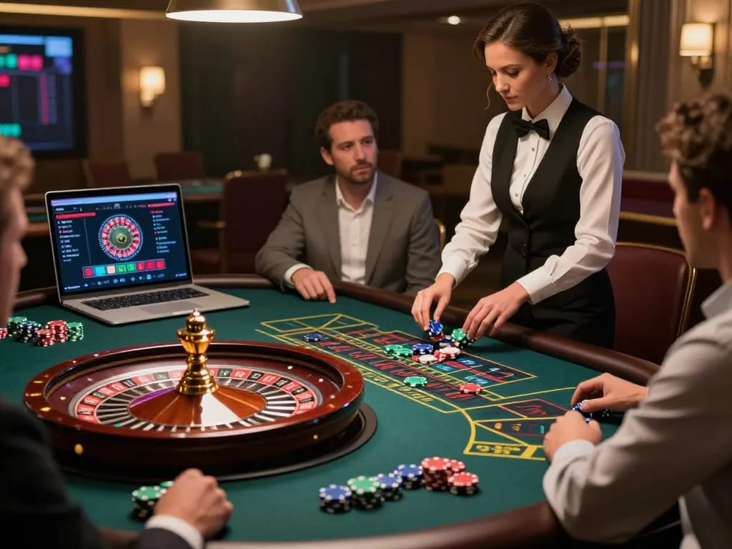 LGO99 players engage in strategic roulette gameplay using a laptop in a sophisticated online casino