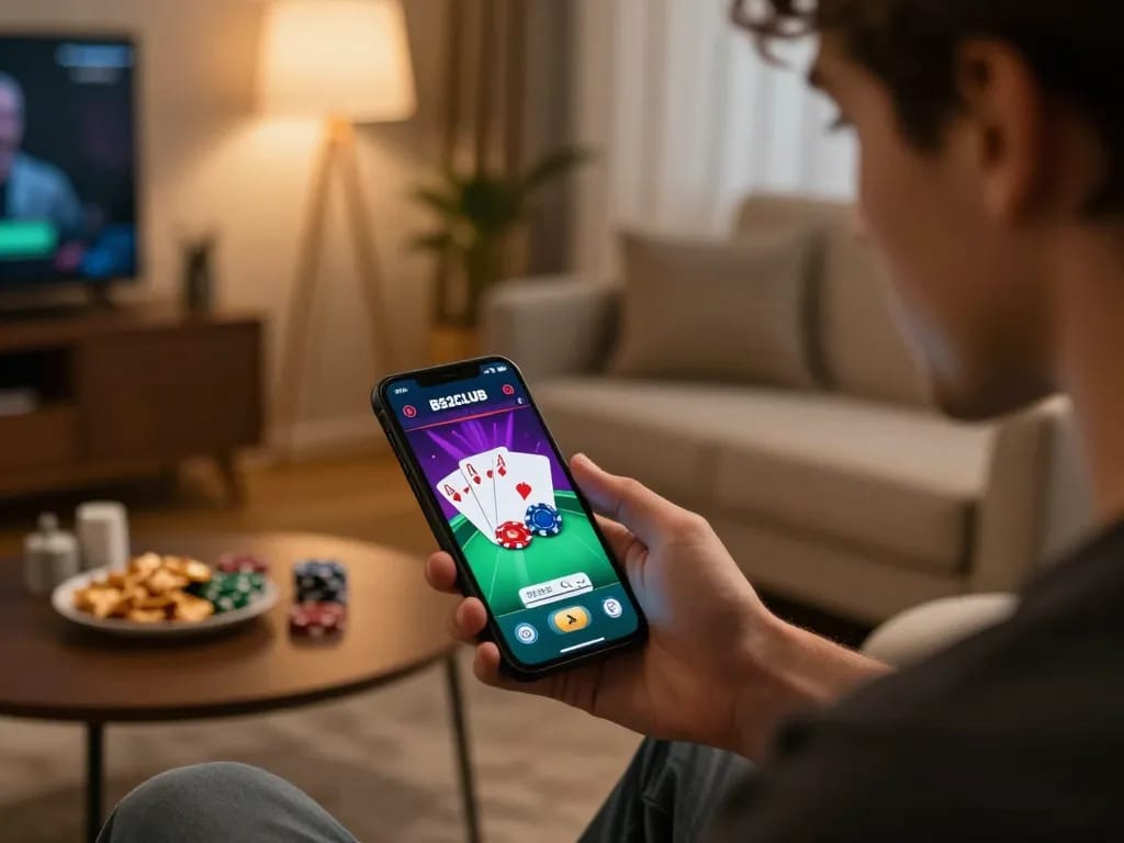 B52CLUB player engaging in a strategic poker session on a mobile device.