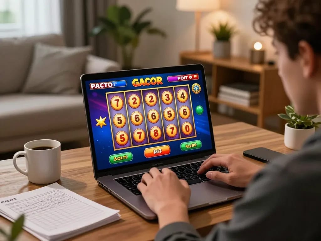 Player enjoying bayitoto slot games on laptop at home, showcasing interactive gameplay.