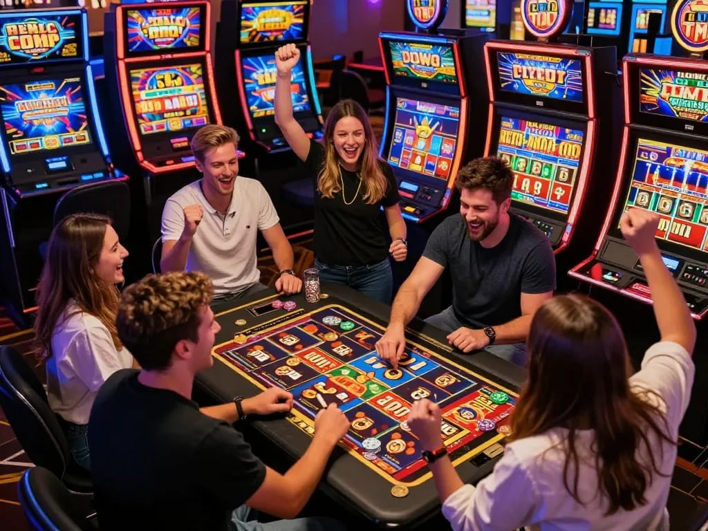 Players celebrating a win during a Slot Demo session at a vibrant casino