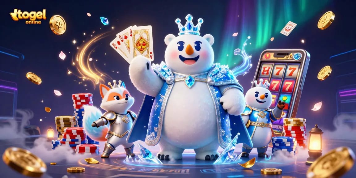 Togel online winning illustration showcasing a 3D cartoon ice king polar bear and snow fox, surrounded by vibrant casino elements.
