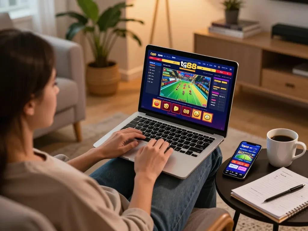 Engaging gameplay on tg88 casino interface displayed on laptop in cozy modern home setting