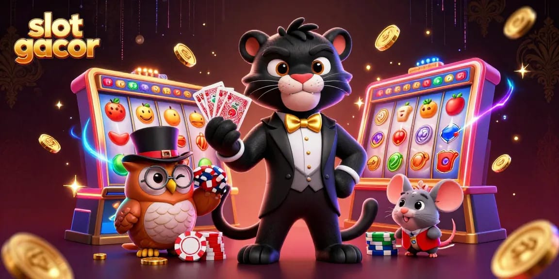 Experience the thrill of slot gacor with stylish characters amidst spinning slot reels and gold coins.