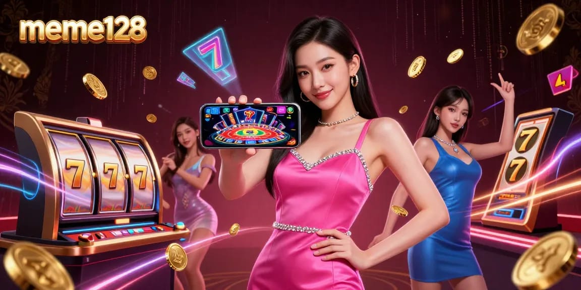 Engage in thrilling action with meme128 slots in a dynamic 3D casino illustration.