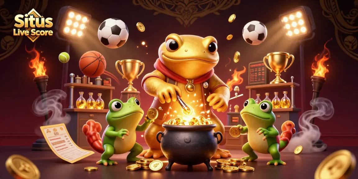 Situs Live Score illustrated with a golden salamander alchemist and sports balls creating a dynamic gambling scene.