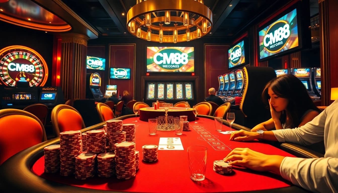 Engage in high-stakes poker action at a luxurious casino featuring CM88 branding.