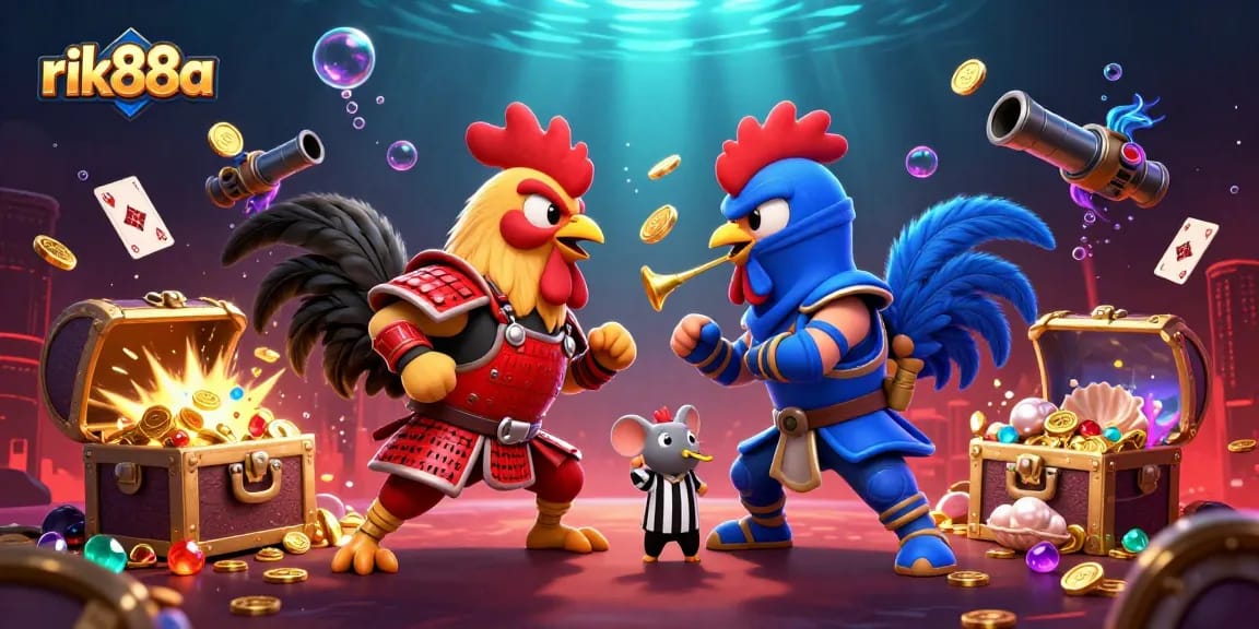 Experience strategic play at rik88a with dynamic roosters and casino elements in vivid underwater illustration.