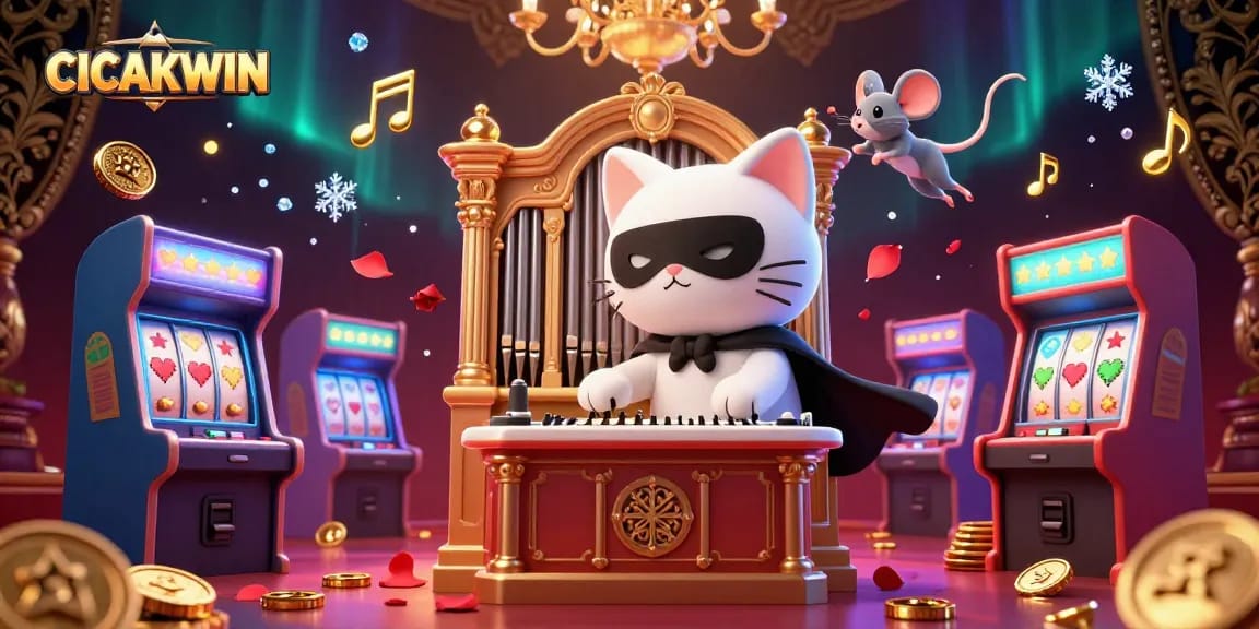CICAKWIN launches a rich gaming adventure with a cartoon cat playing the organ, surrounded by arcade excitement.