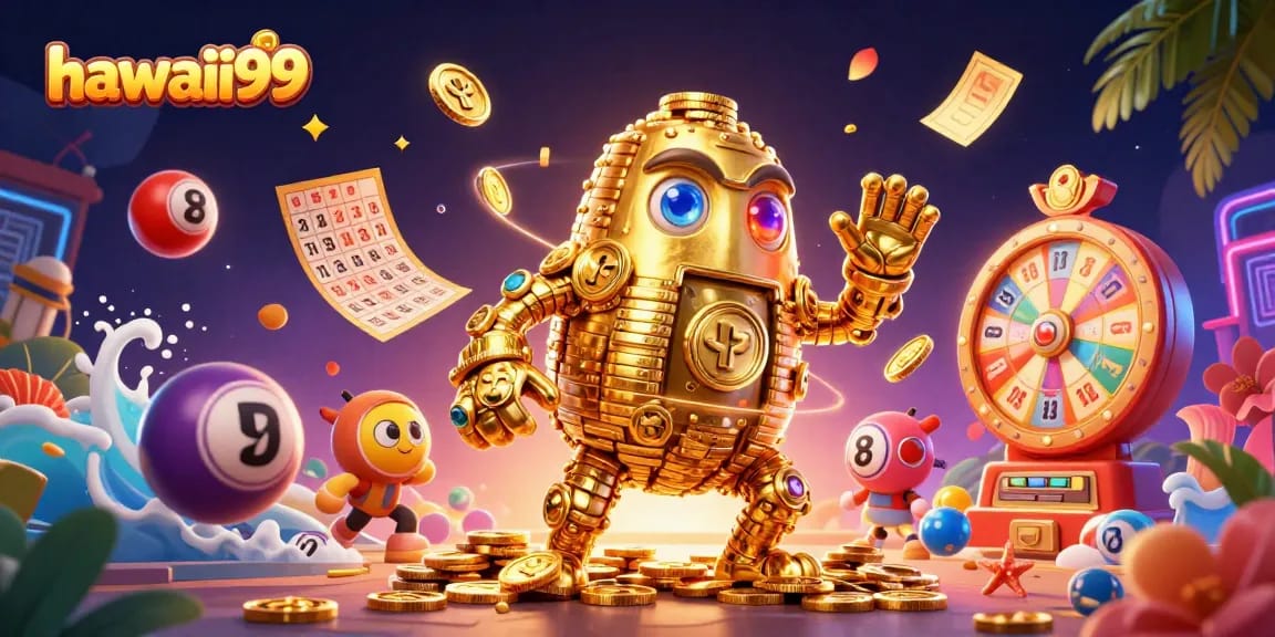 Join the excitement at hawaii99 with vibrant lottery elements and golden casino treasures in a lively illustration.