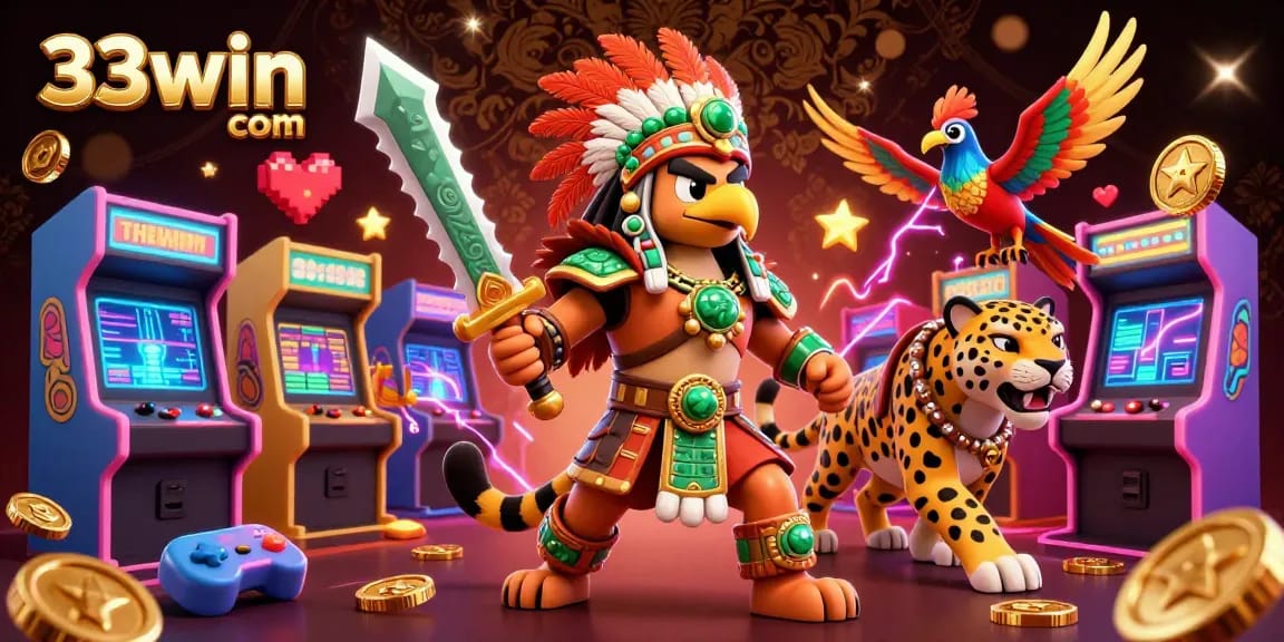 Engage with the vibrant 33win com gaming world featuring a powerful Aztec warrior and exciting arcade elements.