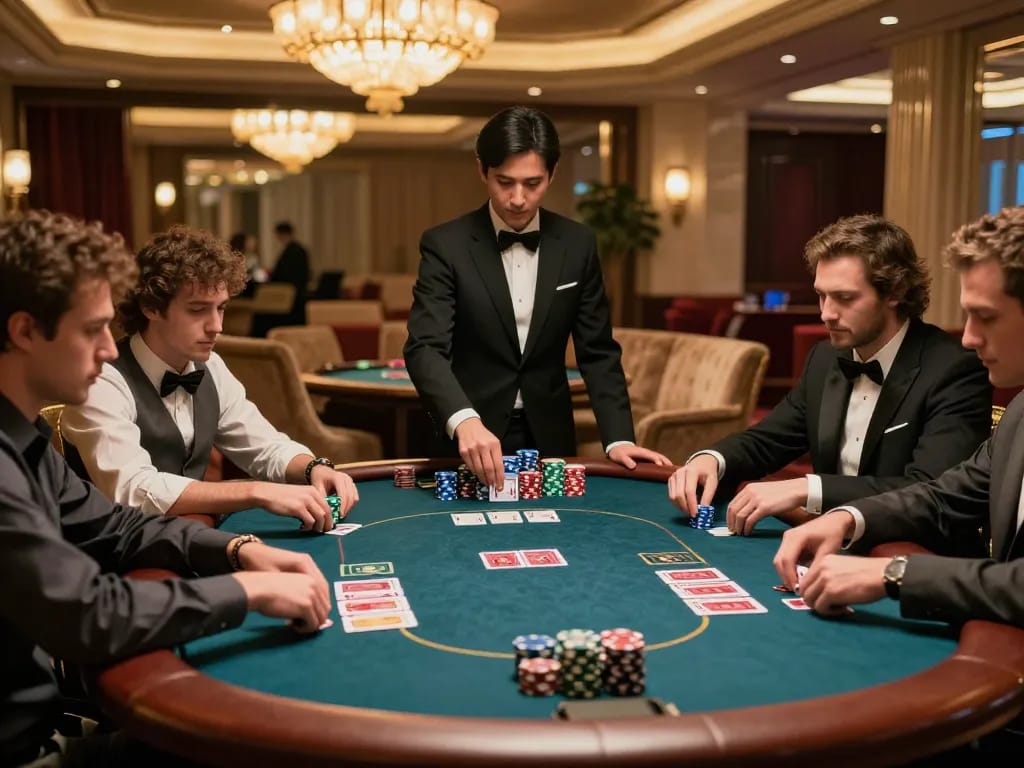 Players strategizing at the NEGO77 VIP poker table, showcasing exclusive gambling experience