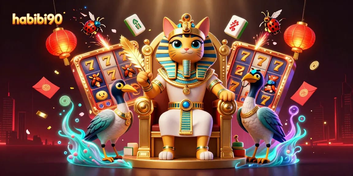 Experience winnings with habibi90 in a vibrant, action-packed 3D casino illustration showcasing lucky symbols and rich graphics.