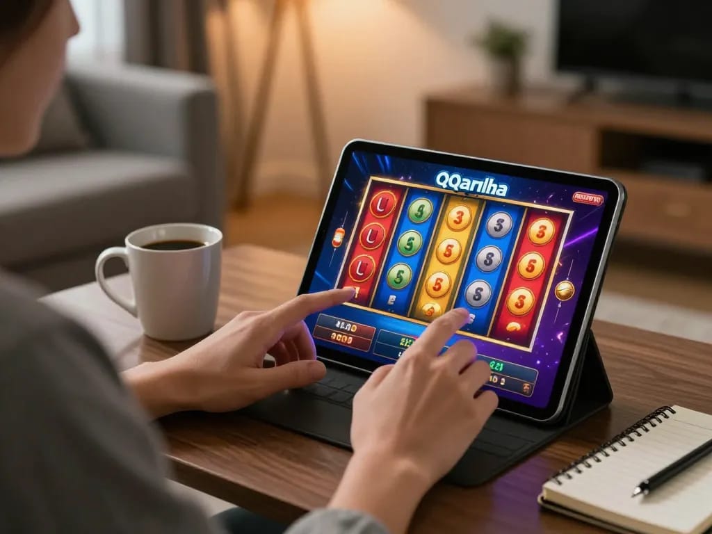 Engaging gameplay on qqalfa slot with vibrant screen in cozy home setting