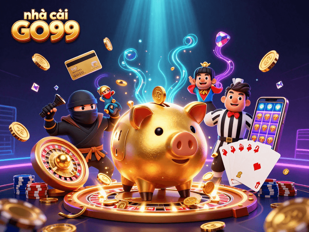 Engaging scene featuring nhà cái GO99 with dynamic gaming action, iconic characters, and casino elements.